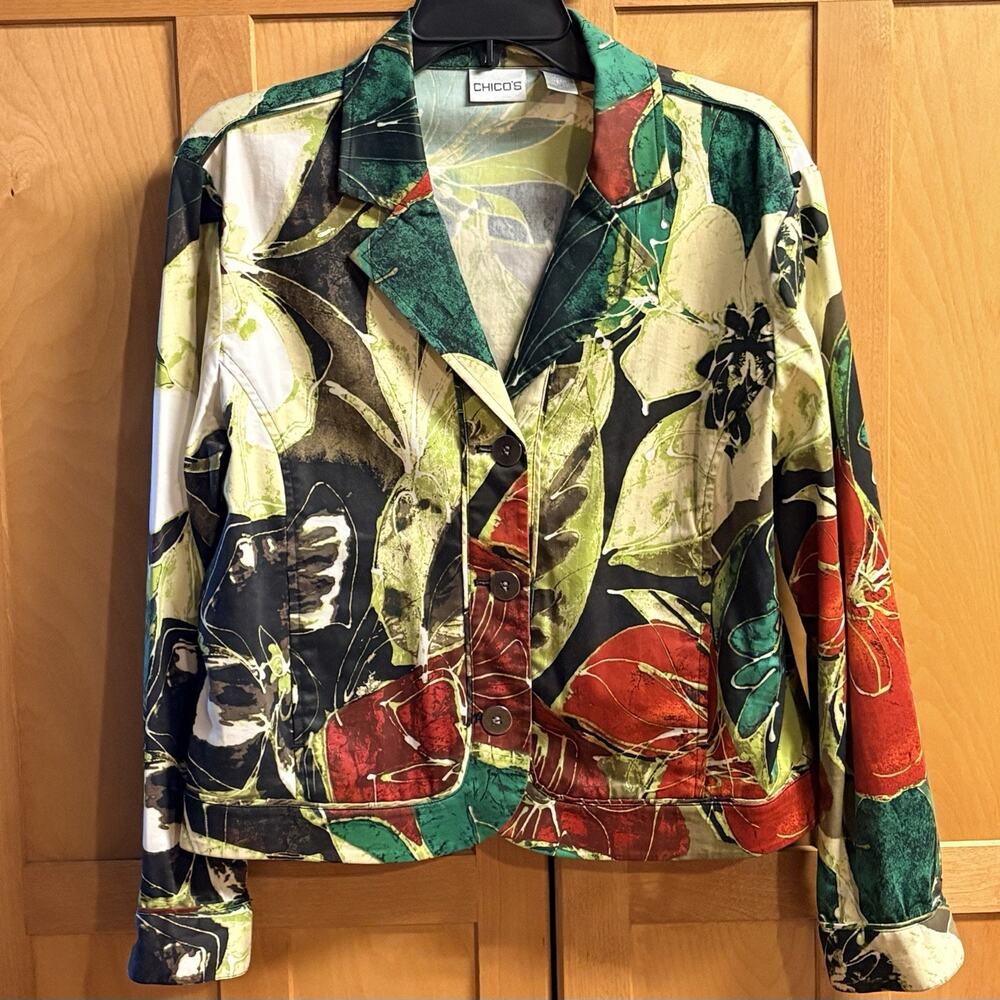Chicos Jacket Size 1 Womens Colorful Floral/Tropicac Print Buttons Long Sleeve